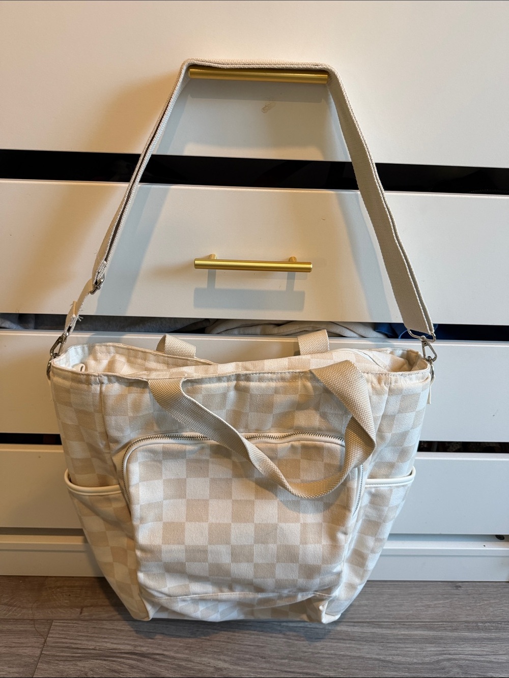 Canvas Checker Tote Bag in Cream - Versatile Women's Shoulder Bag